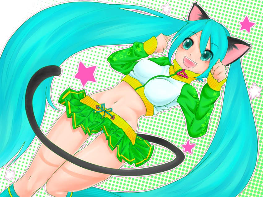 1girl, animal_ears, aqua_eyes, aqua_hair, cat_ears, cat_tail, female_focus, groin