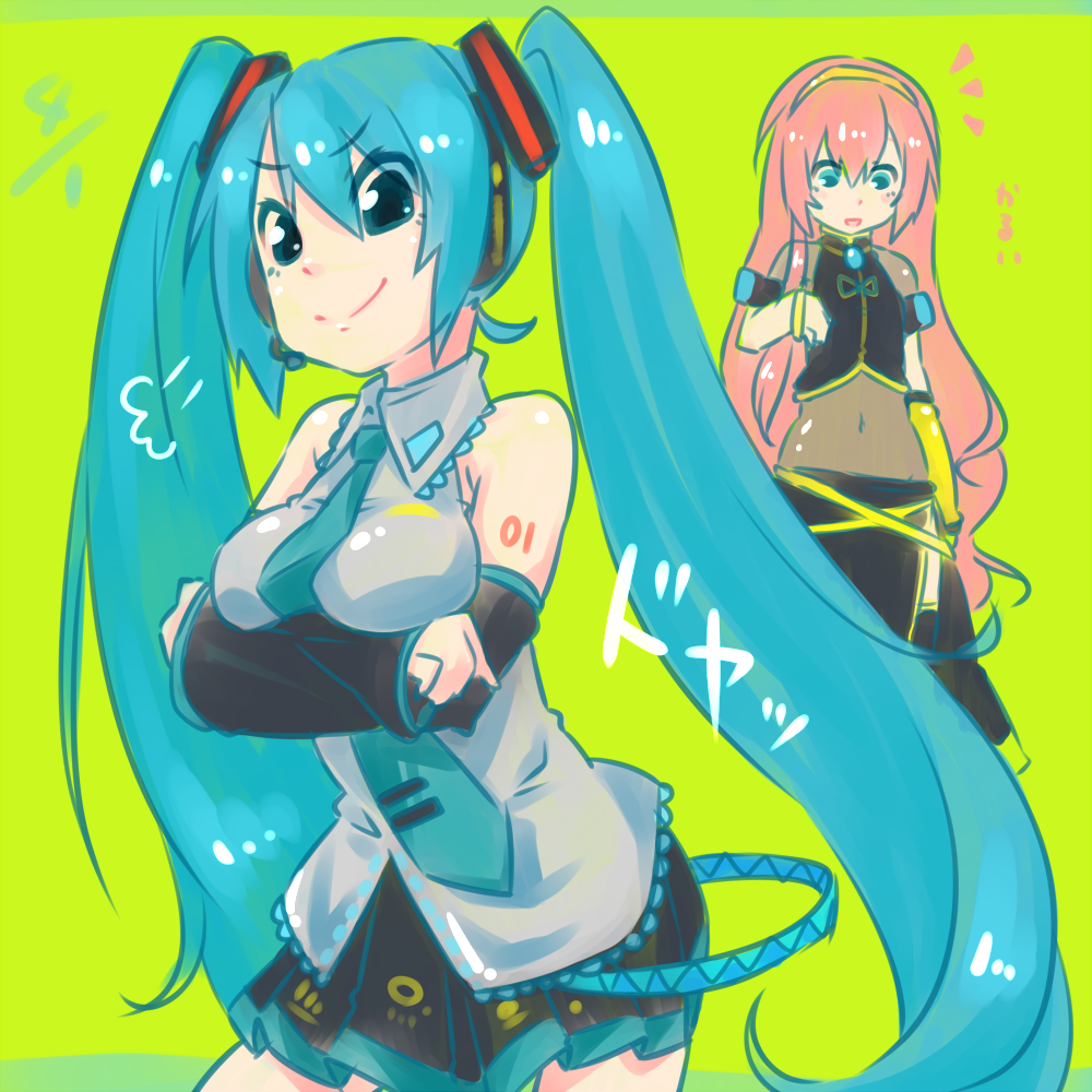 2girls, aqua_eyes, aqua_hair, crossed_arms, detached_sleeves, hatsune_miku, hekopon, long_hair