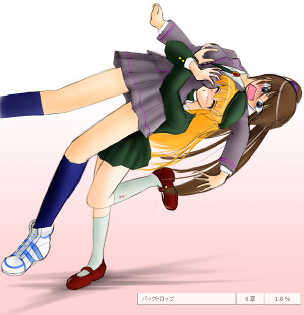 13, 2girls, blonde_hair, blush, brown_hair, grabbing_another's_breast, groping, kagura_(#13), minako_(#13), multiple_girls, ponytail, suplex, wrestling, yuri