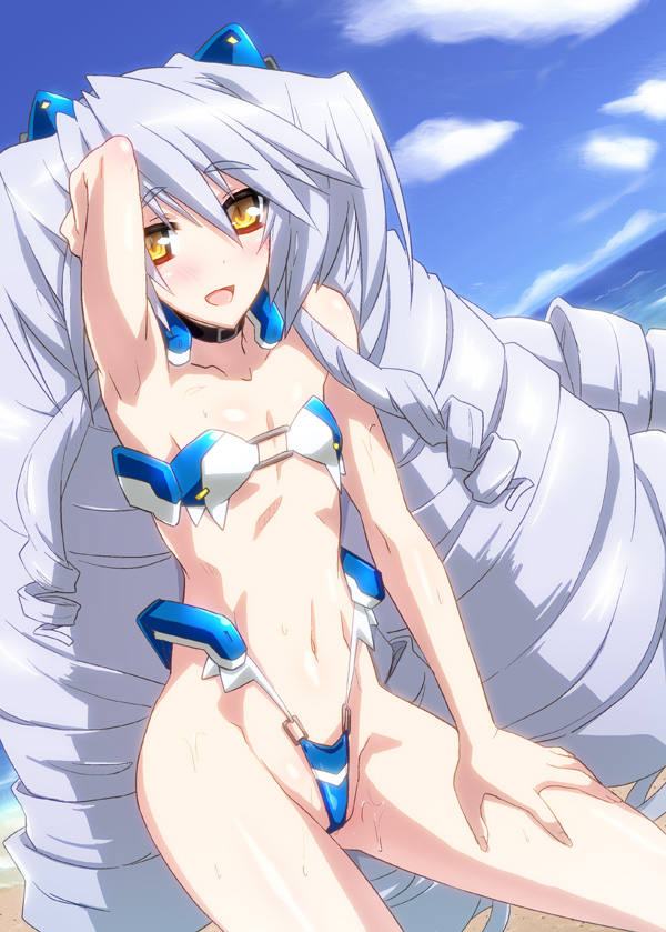 1girl, bikini, drill_hair, female_focus, grey_hair, hair_ornament, kyoukaisenjou_no_horizon, long_hair