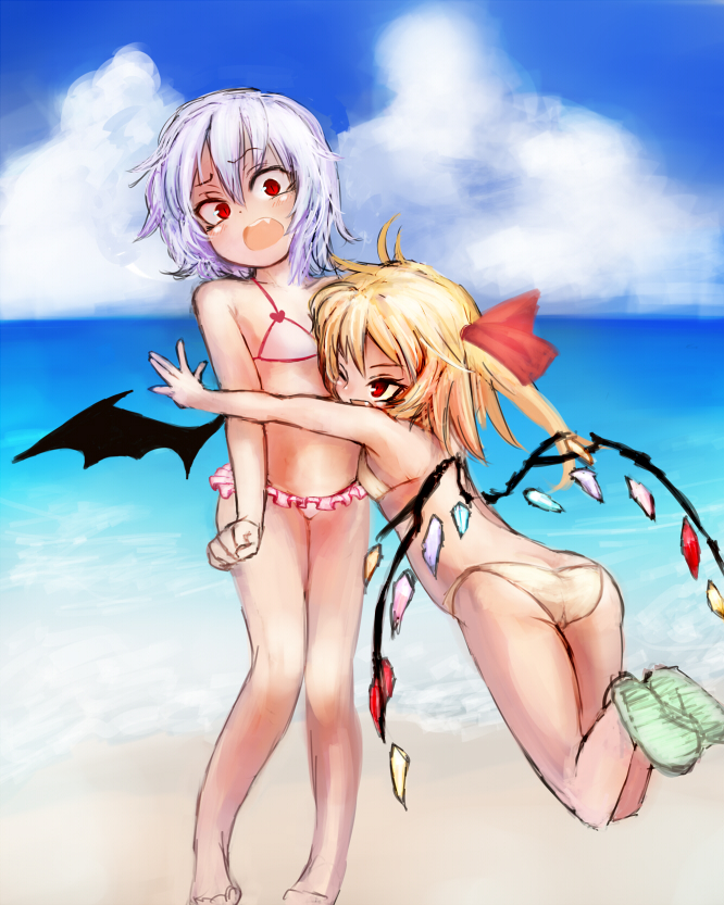 2girls, ass, bare_shoulders, beach, bikini, blonde_hair, blue_hair, cloud