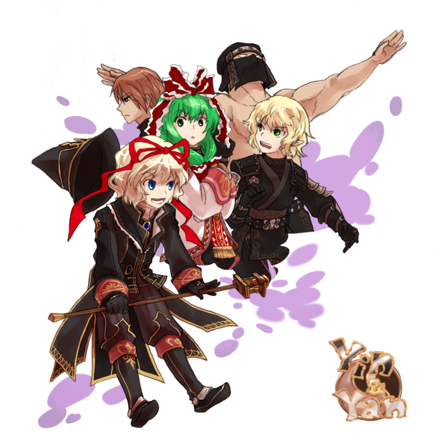 2boys, 3girls, alternate_costume, bad_id, bad_pixiv_id, blonde_hair, blue_eyes, boots