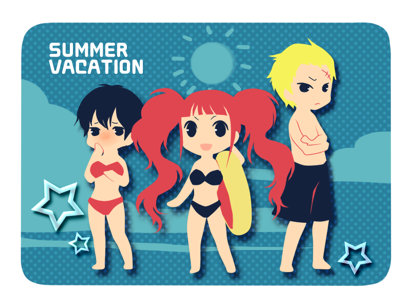 1boy, 2girls, :d, atlus, bad_id, bad_pixiv_id, barefoot, bikini