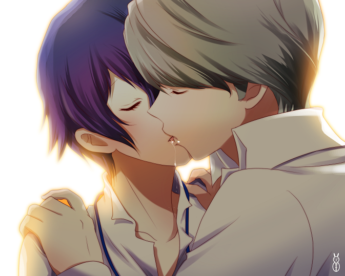 1boy, 1girl, androgynous, atlus, bad_id, bad_pixiv_id, blue_hair, couple