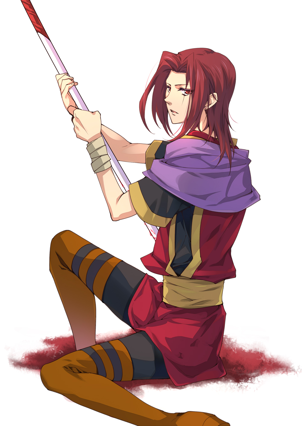 1boy, boots, brown_hair, expressionless, full_body, highres, kneeling, male_focus