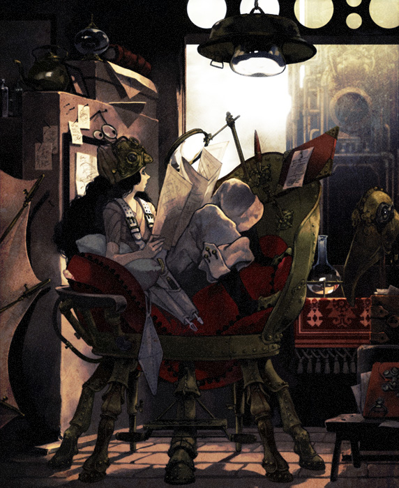 black_hair, boots, chair, flask, helmet, lamp, long_hair, machine