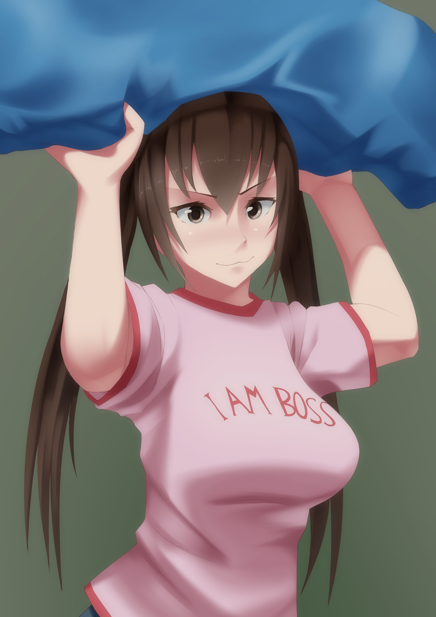 1girl, :3, aged_up, breasts, brown_eyes, brown_hair, chestnut_mouth, clothes_writing, female_focus, highres, i_am_boss, large_breasts, long_hair, maydrawfag, minami-ke, minami_kana, pillow, shirt, solo, t-shirt, twintails