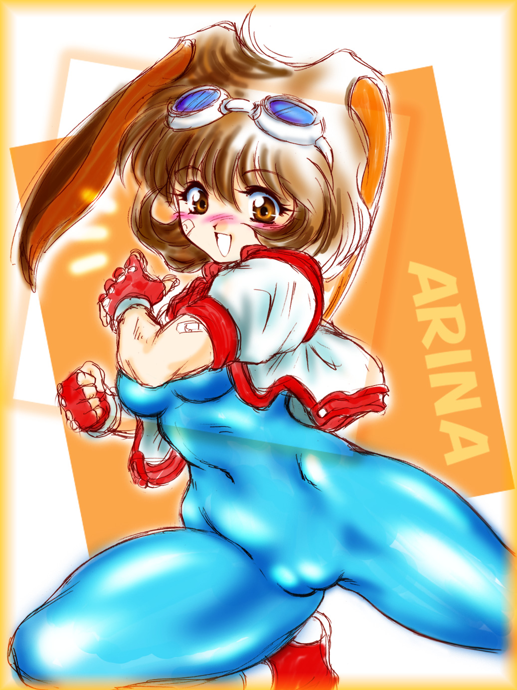 1girl, animal_ears, blue_bodysuit, blush, bodysuit, breasts, brown_eyes, brown_hair, cameltoe, character_name, covered_navel, cropped_jacket, female_focus, gintama_danshaku, gloves, goggles, goggles_on_head, highres, makihara_arina, rabbit_ears, short_hair, sketch, skin_tight, smile, solo, thighs, toned, toned_female, waku_waku_7
