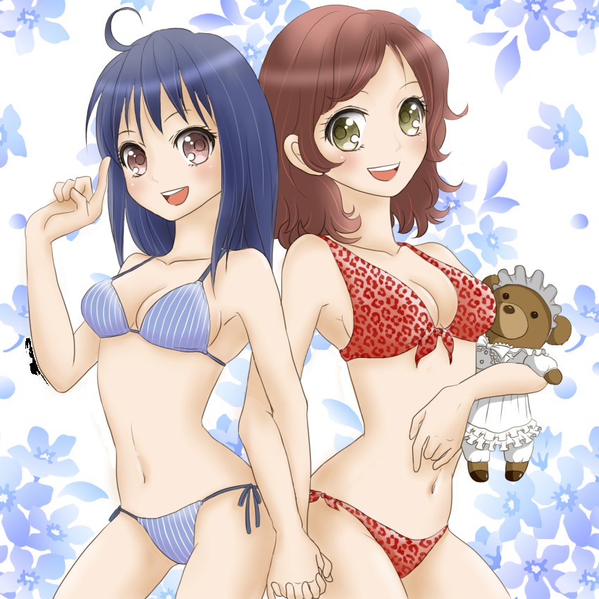 2girls, bad_id, bad_pixiv_id, bikini, blue_hair, bonba, brown_eyes, brown_hair, exeb., green_eyes, highres, long_hair, multiple_girls, original, short_hair, smile, stuffed_animal, stuffed_toy, swimsuit, teddy_bear