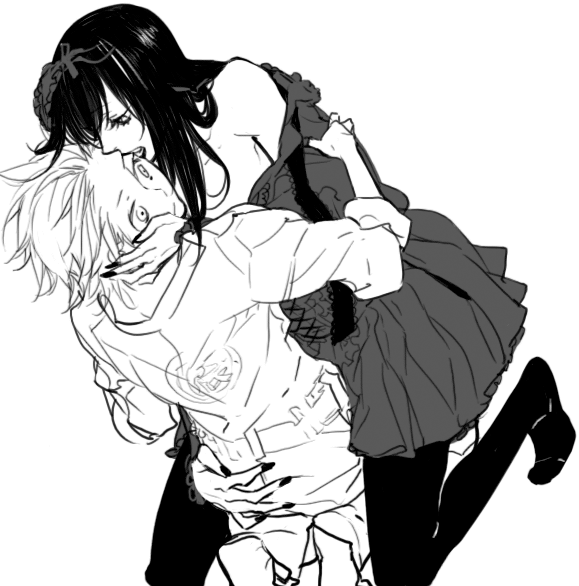 2boys, artist_request, frills, gothic_lolita, greyscale, lolita_fashion, long_hair, male_focus