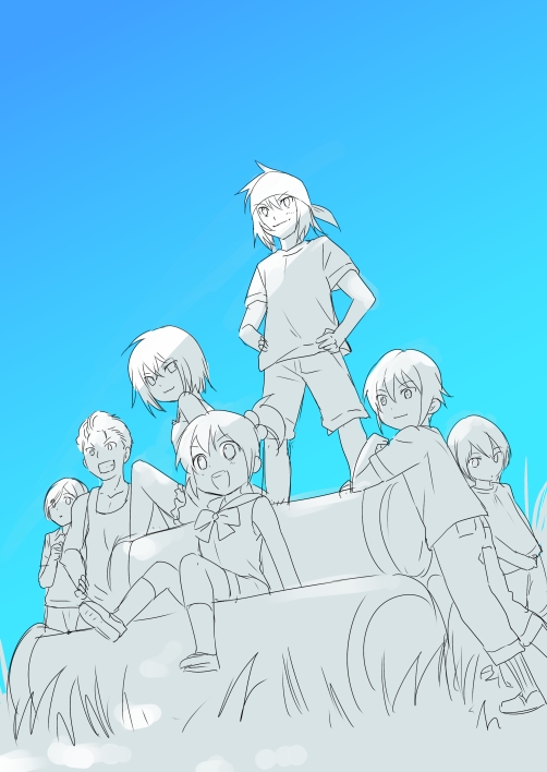 3girls, 4boys, bad_id, bad_pixiv_id, bandana, blue_theme, kawakami_kazuko, kawakami_momoyo