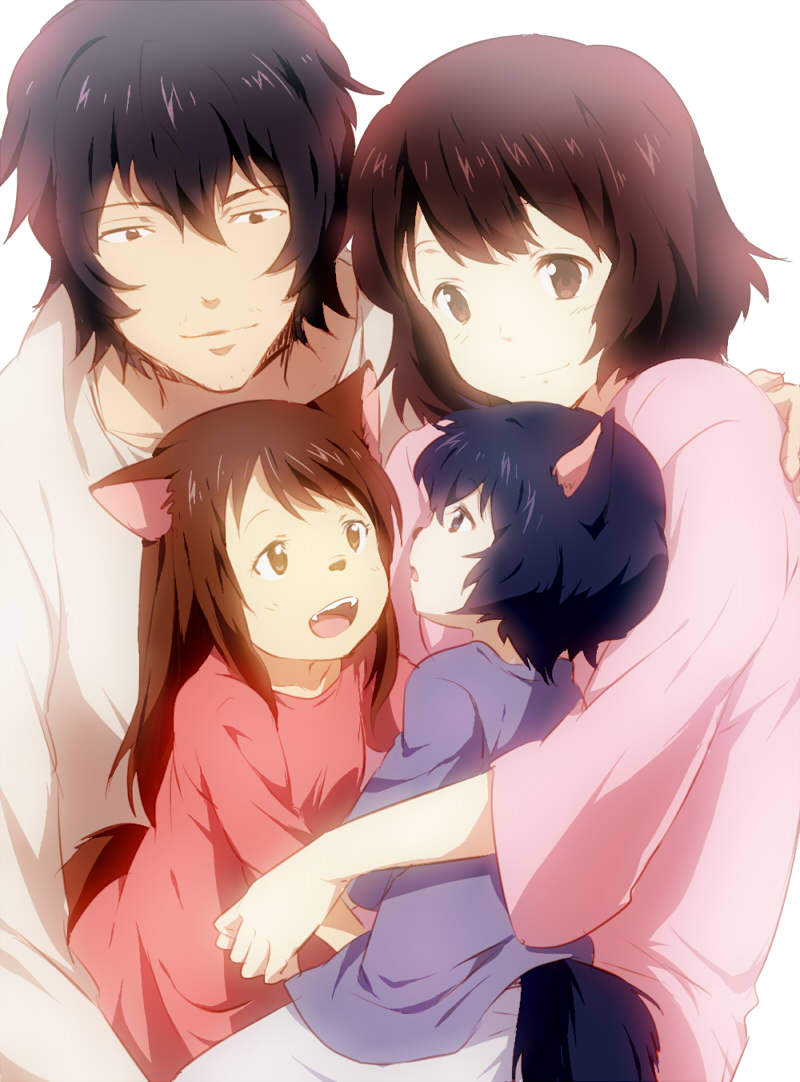 2boys, 2girls, age_difference, ame_(ookami_kodomo), animal_ears, black_hair, brown_eyes, brown_hair