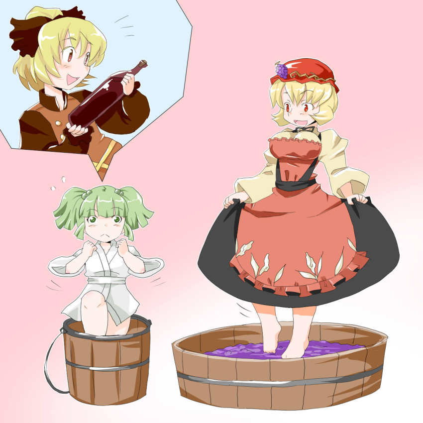 3girls, aki_minoriko, blonde_hair, bottle, bow, female_focus, food, fruit, gradient_background, grape_stomping, grapes, green_eyes, green_hair, hair_bobbles, hair_bow, hair_ornament, hat, highres, holding_own_skirt, kisume, kurodani_yamame, long_sleeves, matchuri, multiple_girls, open_mouth, orange_eyes, pink_background, puffy_sleeves, red_eyes, short_hair, simple_background, touhou, twintails, wide_sleeves