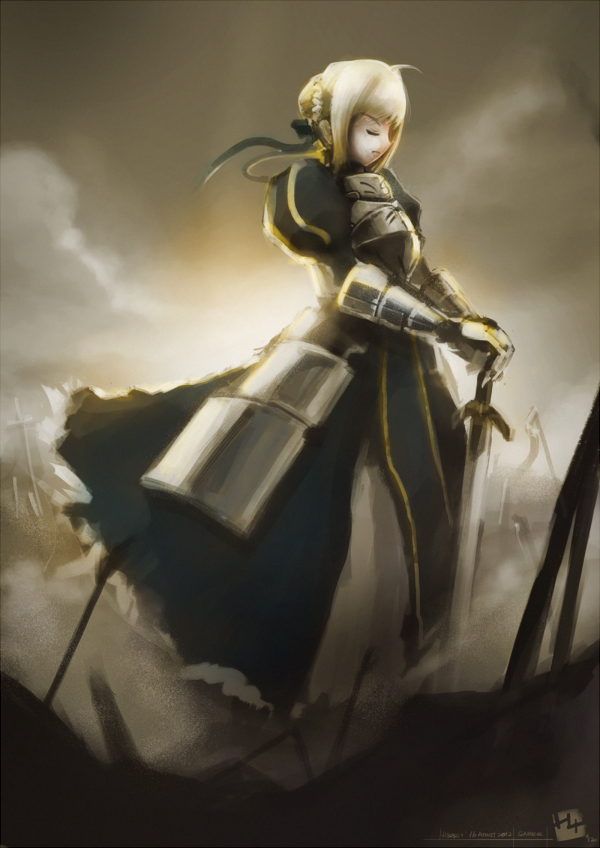 1girl, ahoge, armor, armored_dress, artoria_pendragon_(fate), blonde_hair, closed_eyes, dress