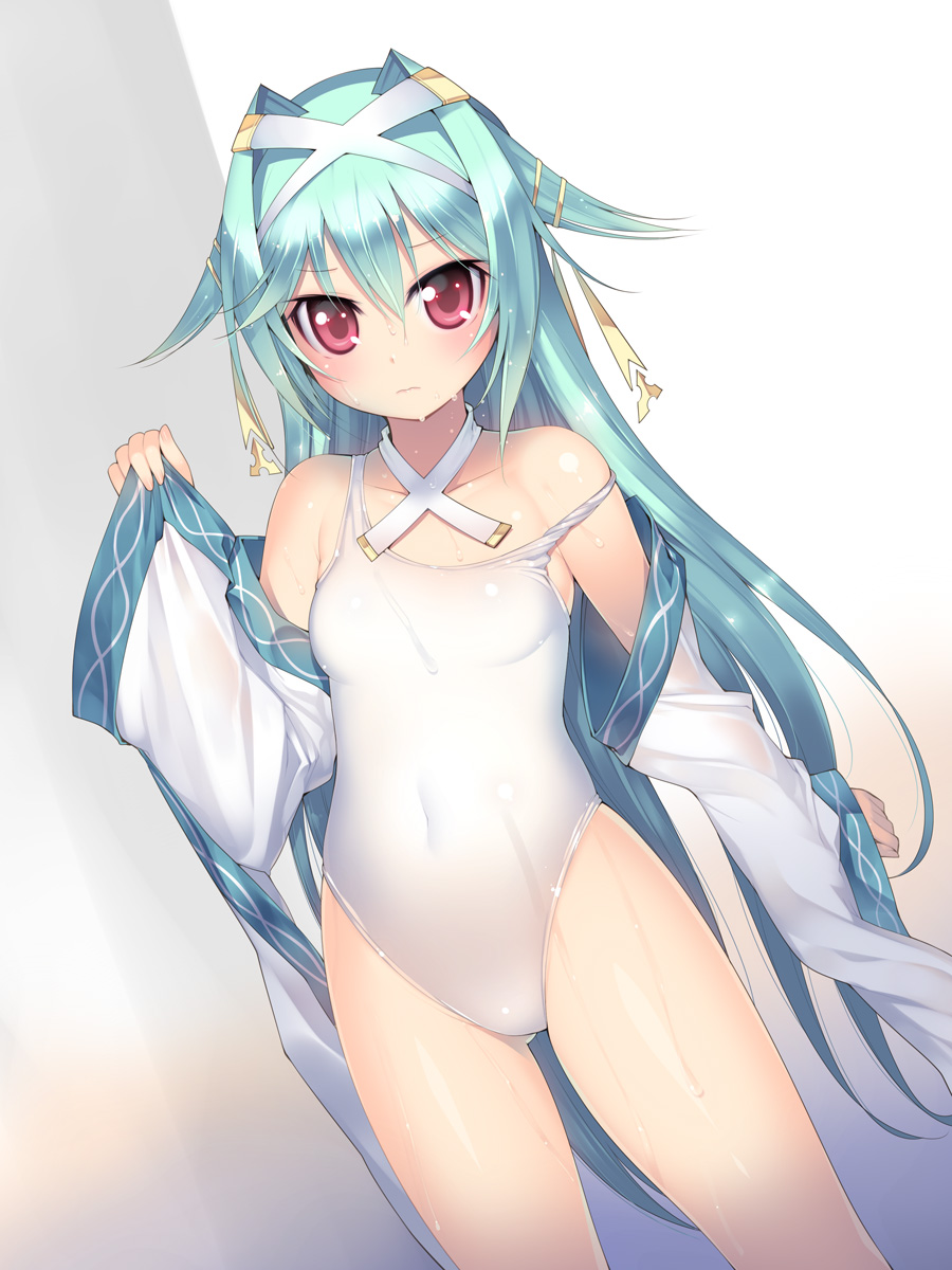 1girl, 3:, alternate_costume, aqua_hair, bare_shoulders, covered_navel, detached_sleeves, dutch_angle, female_focus, hair_intakes, hair_ornament, hairclip, highres, kashiwamochi_yomogi, long_hair, looking_at_viewer, mogami_yoshiaki_(sengoku_collection), one-piece_swimsuit, red_eyes, school_swimsuit, sengoku_collection, shiny_clothes, shiny_skin, solo, strap_slip, swimsuit, very_long_hair, wet, wet_clothes, white_one-piece_swimsuit