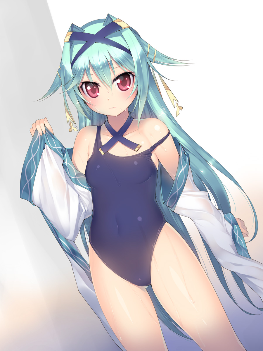 1girl, 3:, aqua_hair, bare_shoulders, blue_one-piece_swimsuit, covered_navel, detached_sleeves, dutch_angle