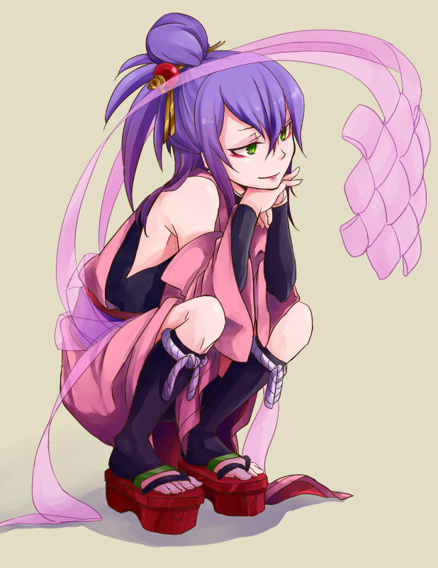 1boy, amane_nishiki, arc_system_works, bare_shoulders, blazblue, blazblue:_chronophantasma, detached_sleeves, eyeshadow, geta, green_eyes, hair_ornament, hair_stick, half_updo, japanese_clothes, long_hair, makeup, male_focus, nakasaka_sakana, purple_hair, simple_background, smile, solo, squatting, trap