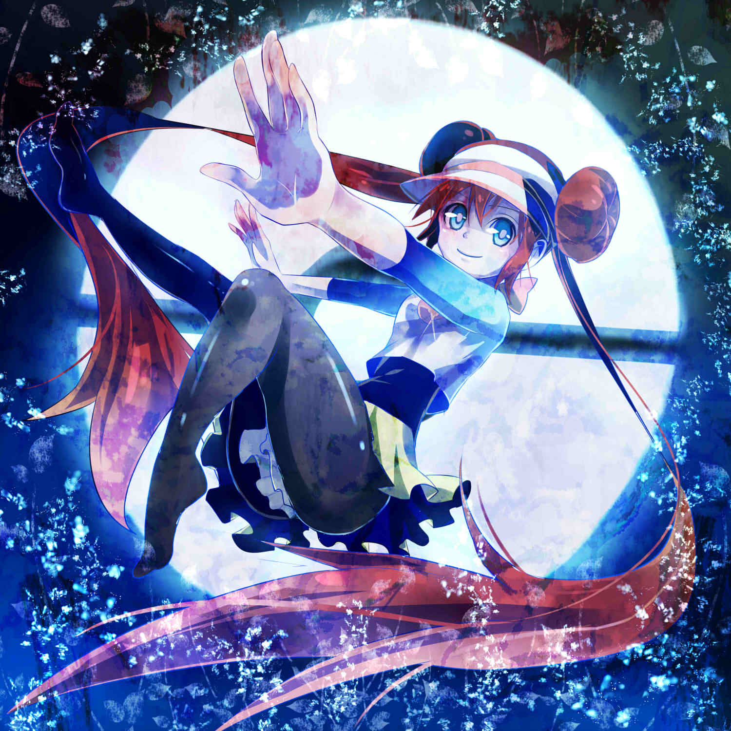 10s, amakawa_sakko, blue_eyes, brown_hair, double_bun, foreshortening, hair_bun, highres, nintendo, pokemon, pokemon_black_2_and_white_2, rosa_(pokemon), sakko0212, smile, visor_cap