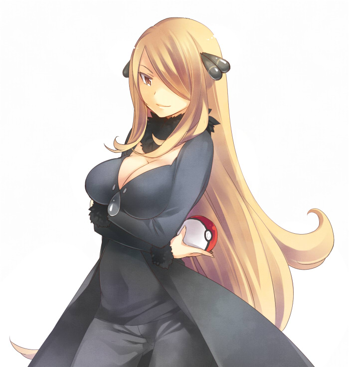 00s, 1girl, akr_et, arms_under_breasts, blonde_hair, breasts, cleavage, cowboy_shot, cynthia_(pokemon), feather_boa, female_focus, fur_trim, hair_ornament, hair_over_one_eye, holding, holding_poke_ball, large_breasts, light_smile, long_hair, nintendo, poke_ball, poke_ball_(basic), pokemon, pokemon_diamond/pearl/platinum, simple_background, solo, very_long_hair, white_background