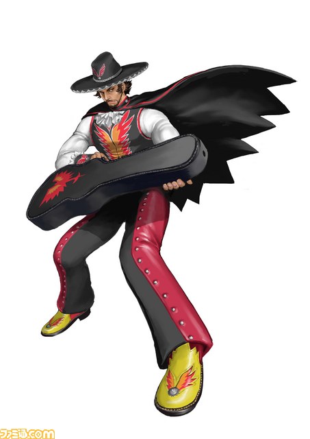 1boy, alternate_costume, beard, black_hair, boots, cape, facial_hair, guitar_case, hat, instrument_case, male_focus, miguel_caballero_rojo, minagawa_ryouji, official_art, sideburns, solo, sombrero, tekken, tekken_tag_tournament_2