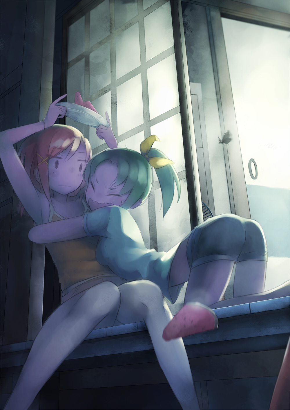 10s, 2girls, armpits, bad_id, bad_pixiv_id, bow, bug, camisole