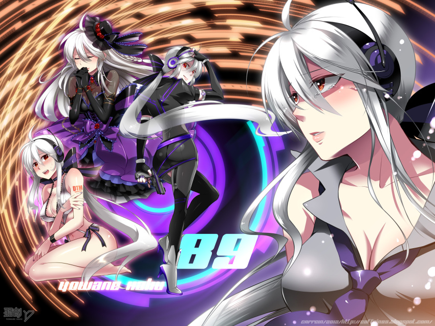 1girl, barefoot, bikini, blush, breasts, caffein, cleavage, closed_eyes