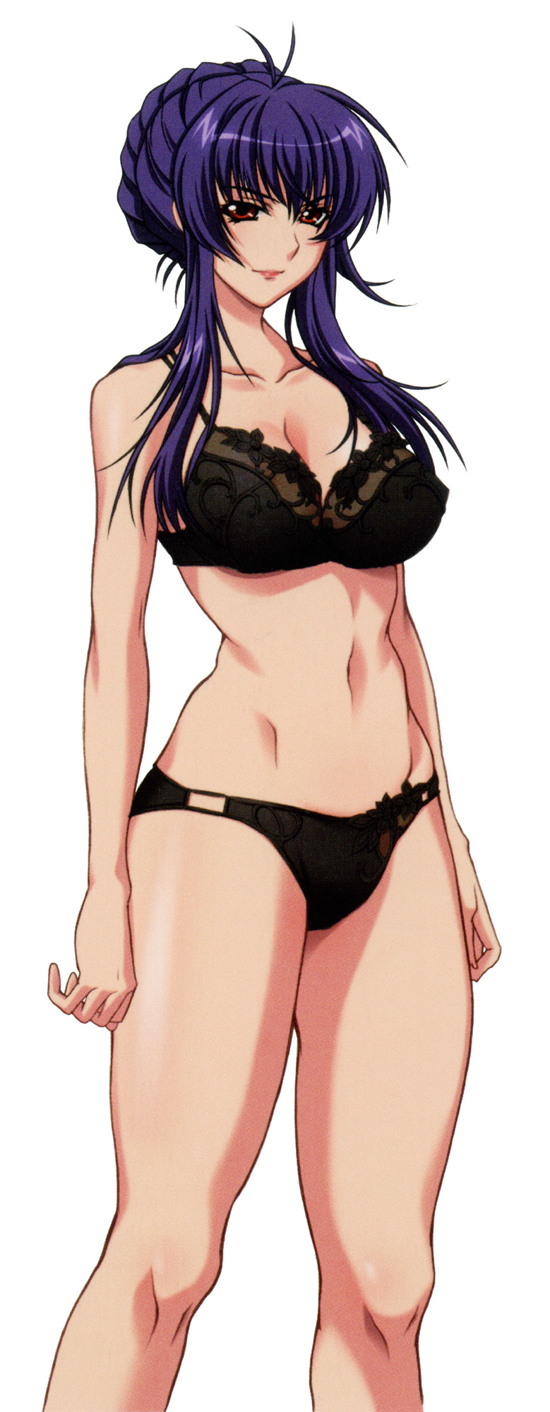 1girl, antenna_hair, bare_shoulders, black_bra, black_panties, black_rainbow, bra, breasts, collarbone, female_focus, highres, large_breasts, lingerie, long_hair, looking_at_viewer, mature_female, navel, panties, purple_hair, red_eyes, saiminjutsu_2, sakurai_sawa, simple_background, smile, solo, standing, tachi-e, underwear, underwear_only, white_background