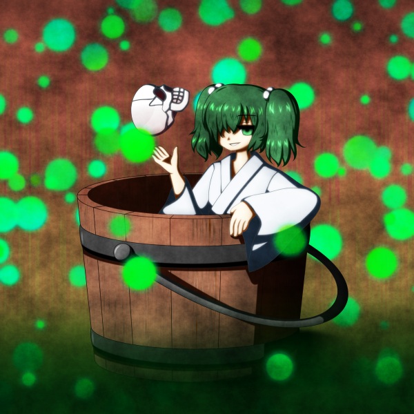 1girl, bucket, empty_eyes, female_focus, green_eyes, hair_bobbles, hair_ornament, ilk