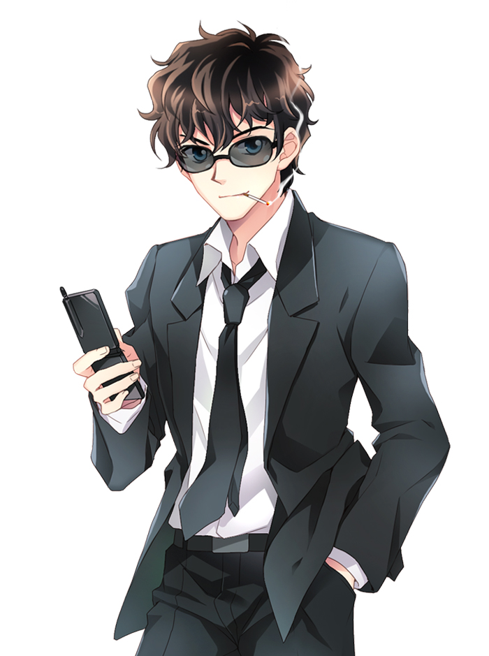 1boy, blue_eyes, brown_hair, cellphone, cigarette, formal_clothes, hand_in_pocket, m-ca