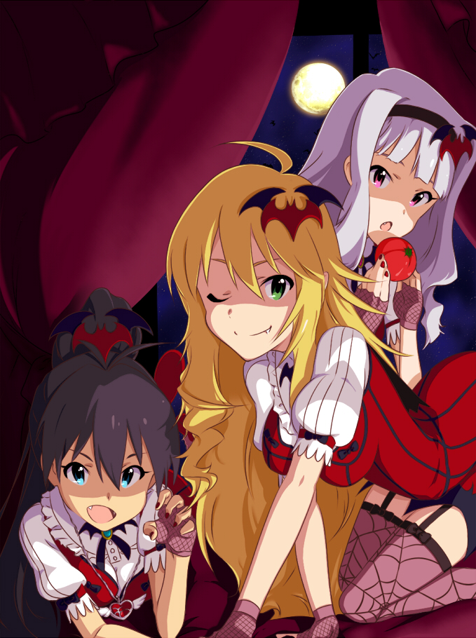 3girls, bat_(animal), black_hair, blonde_hair, blue_eyes, brown_eyes, dress, fang