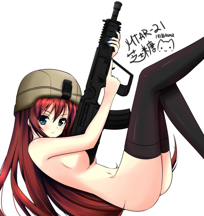 1girl, assault_rifle, bad_id, bad_pixiv_id, between_breasts, black_thighhighs, blue_eyes, blush