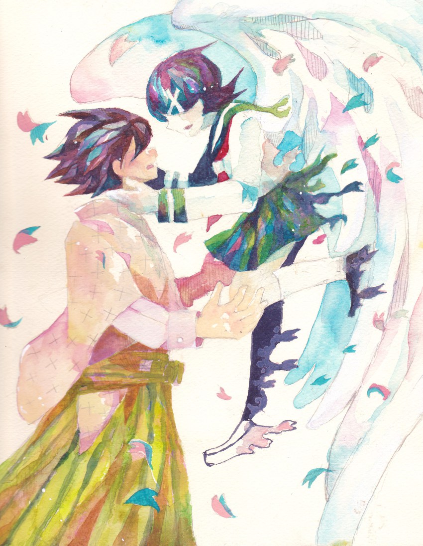 00s, 1boy, 1girl, absurdres, angel_wings, black_hair, dissolving, fuura_kafuka, glasses, hair_ornament, hairclip, hakama, hakama_skirt, hands_on_another's_face, highres, itoshiki_nozomu, japanese_clothes, kanzaki_momota, kimono, painting_(medium), petals, sayonara_zetsubou_sensei, school_uniform, serafuku, short_hair, simple_background, skirt, smile, spoilers, traditional_media, watercolor_(medium), wings