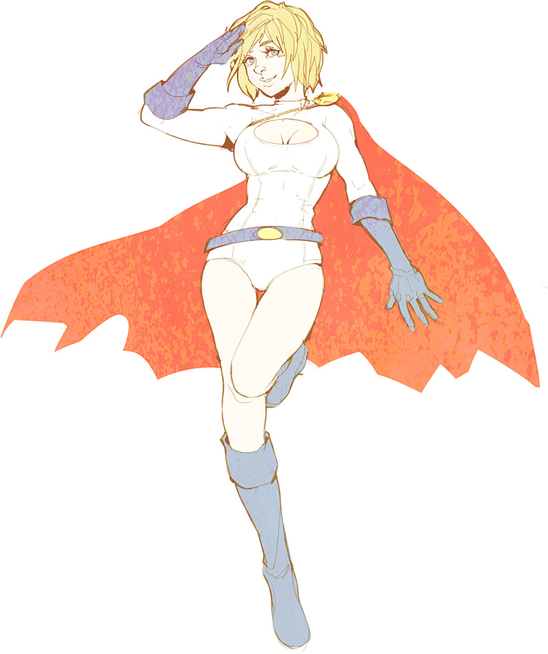 1girl, alien, animification, bare_legs, belt, blonde_hair, blue_boots, blue_eyes, boots, breasts, cape, cleavage, cleavage_cutout, clothing_cutout, dc_comics, emily_hu, female_focus, flying, full_body, gloves, knee_boots, kryptonian, large_breasts, leotard, power_girl, red_cape, salute, shoes, simple_background, sleeved_leotard, solo, superhero_costume, superman_(series), thigh_gap, white_background