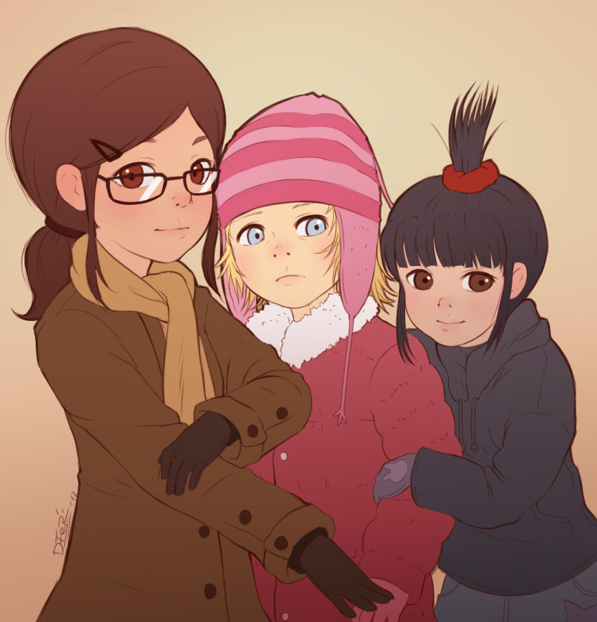 3girls, agnes_(despicable_me), black_hair, blonde_hair, blue_eyes, brown_eyes, brown_hair, coat, despicable_me, edith_(despicable_me), glasses, gloves, hair_ornament, hairclip, hat, hood, hoodie, idfer, margo_(despicable_me), multiple_girls, scarf, scrunchie, smile