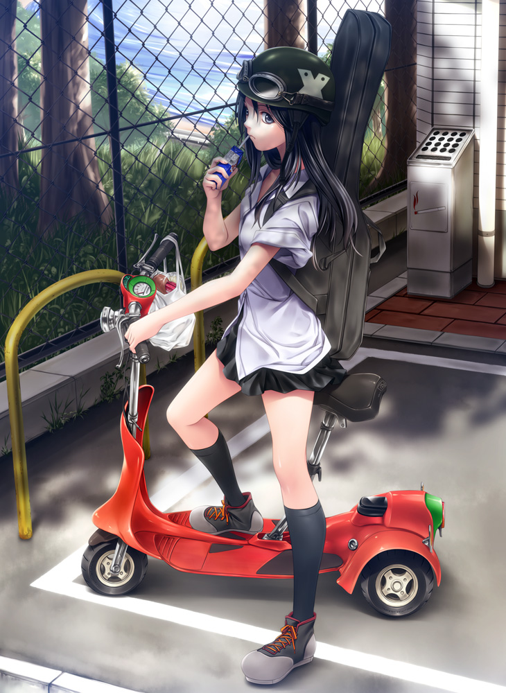 1girl, bag, beach, black_hair, black_shoes, black_socks, chain-link_fence, drink_carton