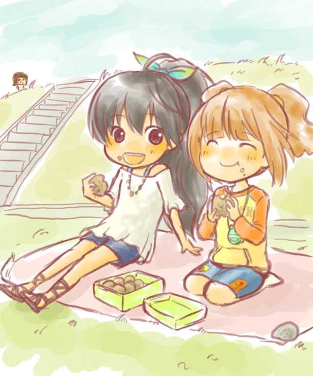 2girls, amami_haruka, black_eyes, black_hair, brown_hair, eating, food, ganaha_hibiki