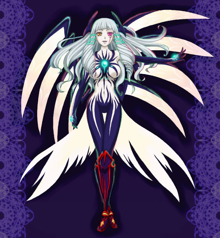 1girl, artist_request, boots, breasts, emeraude_(tales_of_graces), grey_hair, hair_ornament, heterochromia