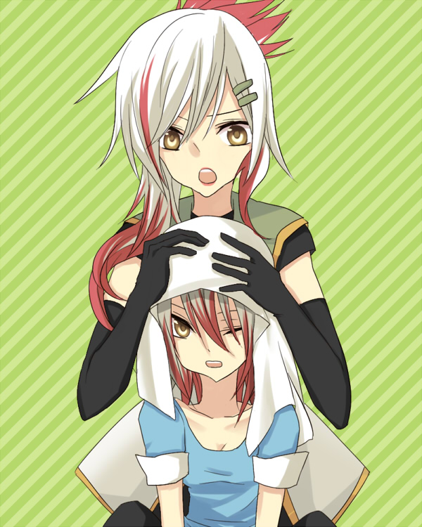 2girls, breasts, brown_eyes, coat, elbow_gloves, fourier_(tales), gloves, green_background