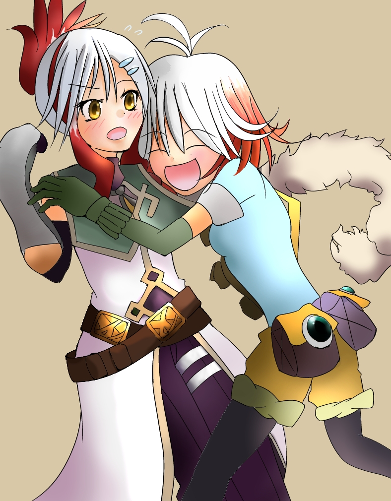 2girls, ahoge, belt, blush, breasts, brown_background, closed_eyes, coat