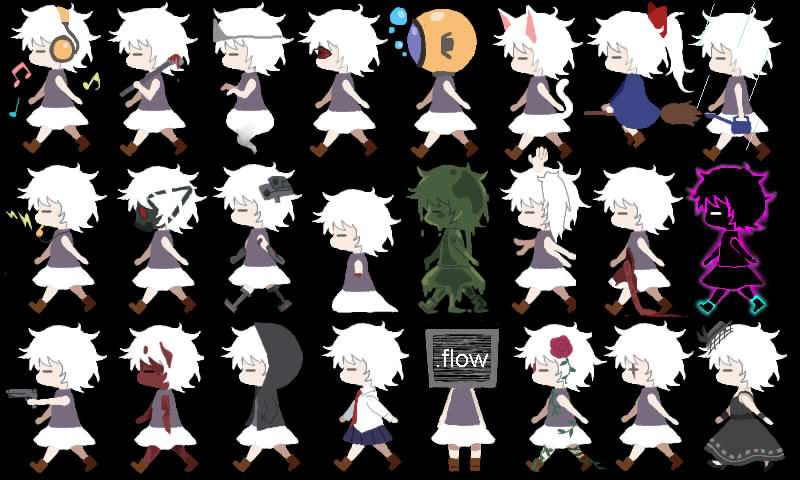 .flow, alternate_hairstyle, amputee, animal_ears, black_dress, blood, broom, cat_ears, cat_tail, cyborg, cyclops, diving_helmet, dress, extra_arms, flower, gas_mask, ghost, gun, headphones, helmet, hood, hoodie, intestines, lead_pipe, mask, monster_girl, multiple_persona, musical_note, one-eyed, ponytail, sabamiso_(tomatomikan), sabitsuki, school_uniform, severed_limb, short_hair, skirt, slime_girl, tail, television, tomatomikan, walking, watering_can, weapon, whistle, white_hair