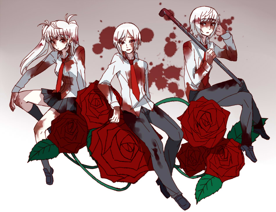 .flow, 1girl, 2boys, blood, flower, kaibutsu, lead_pipe, multiple_boys