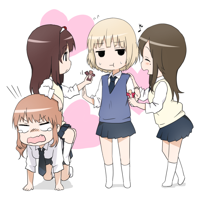 4girls, :t, blonde_hair, brown_hair, candy, chocolate, chocolate_bar, eating