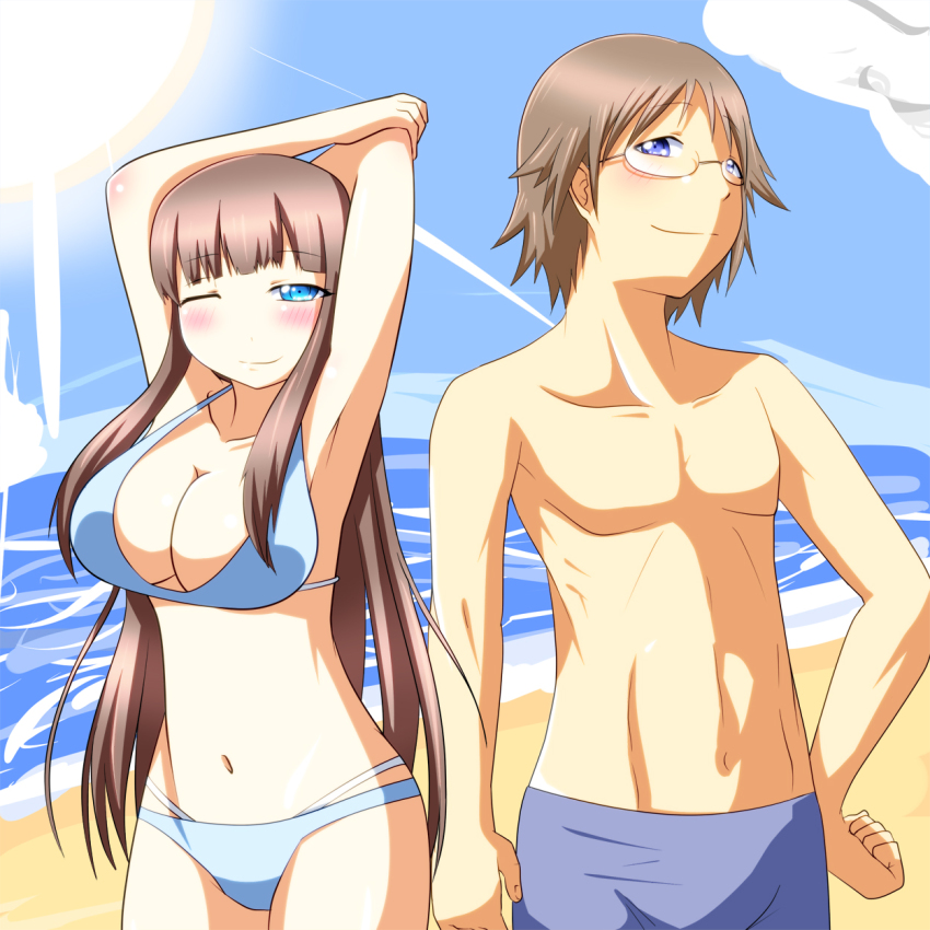 10s, 1boy, 1girl, accel_world, bikini, blue_eyes, brown_hair, glasses