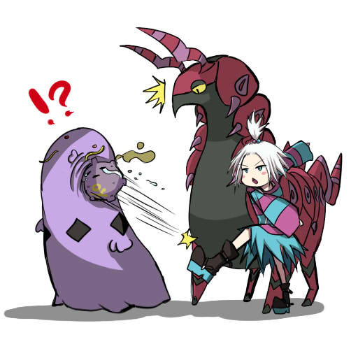 !?, 10s, 1girl, ^^^, gen_1_pokemon, gen_3_pokemon, gen_5_pokemon, gym_leader, hair_bobbles, hair_ornament, just_another_kunkun, koffing, nintendo, pokemon, pokemon_(creature), pokemon_black_2_and_white_2, roxie_(pokemon), scolipede, short_hair, swalot, topknot, white_hair