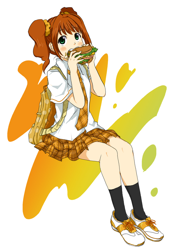 ageo, bad_id, bad_pixiv_id, bag, blue_eyes, brown_hair, burger, eating, food, green_eyes, idolmaster, idolmaster_(classic), necktie, plaid_clothes, plaid_necktie, plaid_skirt, school_uniform, sitting, sitting_on_air, skirt, solo, takatsuki_yayoi, twintails