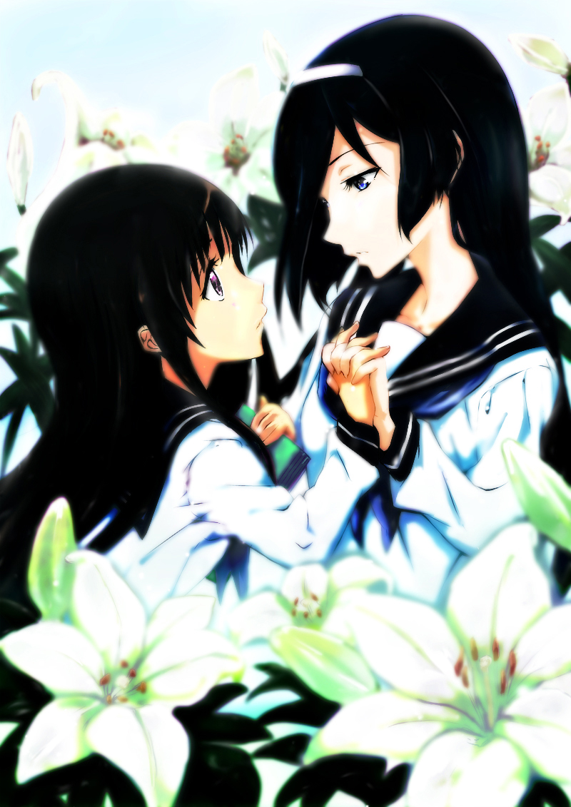 10s, 2girls, bad_id, bad_pixiv_id, black_hair, blue_eyes, blush, book