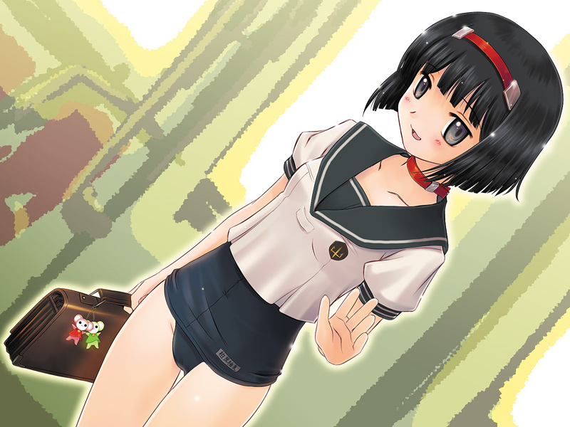 1girl, bag, black_eyes, black_hair, blunt_bangs, bob_cut, choker, collar