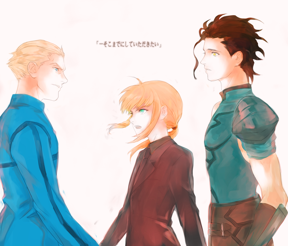 1girl, 2boys, ahoge, artoria_pendragon_(fate), bad_id, bad_pixiv_id, blonde_hair, blue_eyes, brown_hair, diarmuid_ua_duibhne_(fate), diarmuid_ua_duibhne_(lancer)_(fate), fate/zero, fate_(series), formal_clothes, gilgamesh_(fate), green_eyes, kayneth_archibald_el-melloi, long_hair, multiple_boys, munan_(youeo), pant_suit, pants, ponytail, saber_(fate), suit, translation_request, yellow_eyes