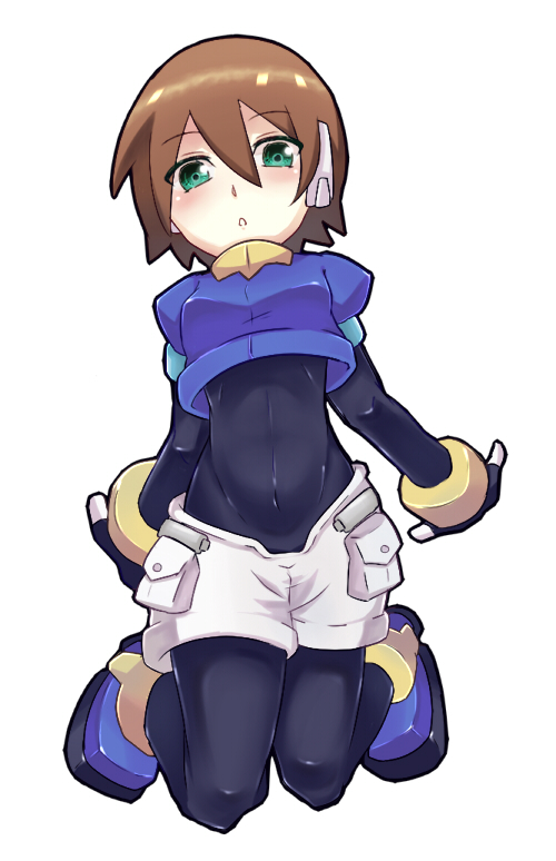 1girl, aile_(mega_man_zx), blush, bodysuit, brown_hair, capcom, female_focus, gloves, green_eyes, mega_man_(series), mega_man_zx, robot_ears, sakuraba_(cerisier_x), short_hair, shorts, solo