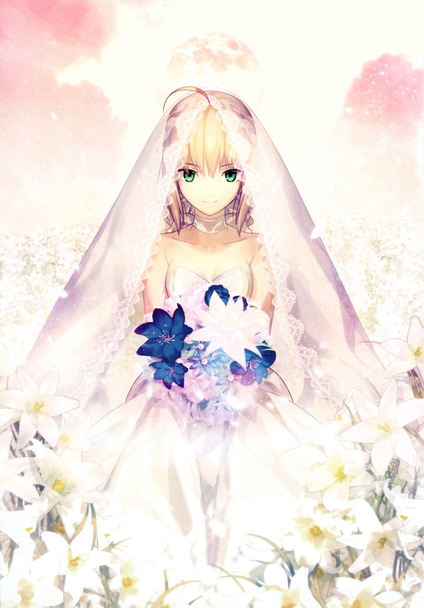 1girl, absurdres, ahoge, artoria_pendragon_(fate), bare_shoulders, blonde_hair, bouquet, breasts, bridal_veil, choker, cleavage, dress, elbow_gloves, fate/stay_night, fate_(series), female_focus, flower, gloves, green_eyes, highres, lily_(flower), medium_breasts, official_alternate_costume, official_art, saber_(fate), saber_(royal_dress)_(fate), scan, smile, solo, takeuchi_takashi, veil, wedding_dress